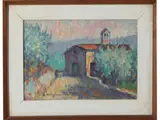 Dino Migliorini, Paesaggio con chiesa, oil on hardboard