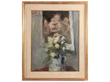 Ezio Pastorio, Vaso di fiori con Sacra famiglia sullo sfondo, oil on panel