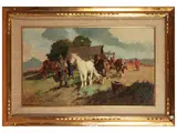 Carlo Domenici, Paesaggio con contadini e cavalli, oil on hardboard