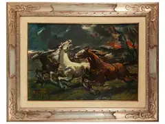 Cavalli in fuga 1971 by Ledo Gragnoli, oil on canvas, offered May 2024
