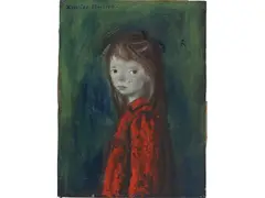 Bambina in rosso, fine anni Cinquanta/inizio anni Sessanta circa by Xavier Bueno, oil on canvas cardboard, offered Apr 2024