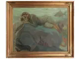 Achille Beltrame, Paesaggio marino e sirena, oil on canvas