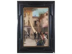 Achille Beltrame, Scena di incendio in un villaggio, oil on canvas