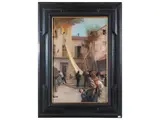Achille Beltrame, Scena di incendio in un villaggio, oil on canvas