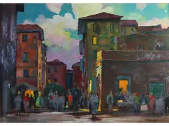 View of Livorno with figures by Renato Natali, oil on faesite, offered Apr 2024