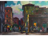 View of Livorno with figures by Renato Natali, oil on faesite, offered Apr 2024
