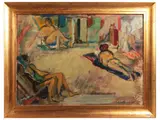 Arturo Checchi, Veduta di spiaggia con personaggi 1960s, oil on canvas