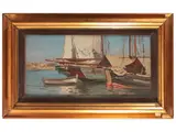 Enrico Corazzi, Marina con barche 1933, oil on panel