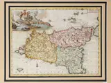 Thomas Salmon, Geographical map of the island of Sicily 1762, watercolor etching with title within a decorative cartouche depicting two active volcanoes and two winged putti