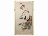 Li Hechou, Two birds on branches with leaves, ink and colors on paper