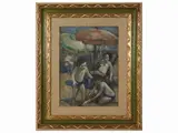 Ermanno Toschi, View of the beach with characters, oil on hardboard