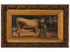 Peasant girl with herds 1904 by Pietro Pajetta, oil on panel, offered Dec 2023