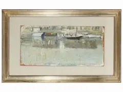 Marina with boats by Mario Marcucci, oil on cardboard, offered Dec 2023