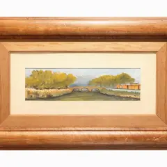 Landscape with bridge 1979 by Emilio Malenotti, oil on cardboard, offered Oct 2023