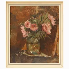 Still life with peonies by Antonio Coceani, oil on hardboard, offered Oct 2023