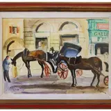 Rodolfo Marma, View of Florence with carriages, mixed media on cardboard