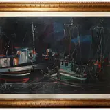 Michele Ortino, Night in port 1963, oil on hardboard