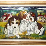 Beppe Serafini, Landscape with three puppies, oil on cardboard laid down on cardboard