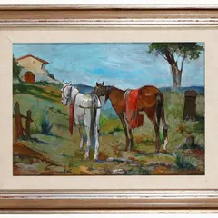 Aldo Affortunati, Countryside with horses, oil on hardboard