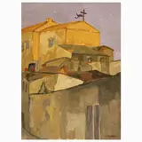 Renzo Grazzini, Chiesa e case 1965, oil on panel