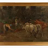 Vittorio Nomellini, Landscape with farmers and ox cart, oil on hardboard