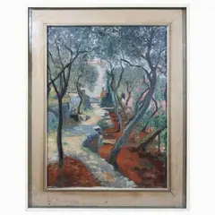 Houses among the olive trees 1964 by Ugo Vittore Bartolini, oil on canvas, offered Oct 2023
