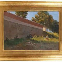 View of a park with a glimpse of a wall and figures by Alfredo Serri, oil on panel, offered Oct 2023