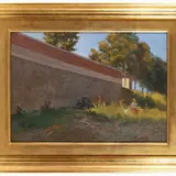 Alfredo Serri, View of a park with a glimpse of a wall and figures, oil on panel