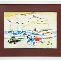 Seascape with boats by Enrico Paulucci, gouache on paper partially laid down on cardboard, offered Oct 2023