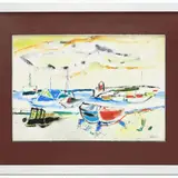 Seascape with boats by Enrico Paulucci, gouache on paper partially laid down on cardboard, offered Oct 2023