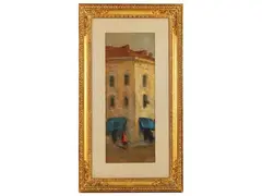 Glimpse of the building 1970 by Mario Borgiotti, oil on hardboard, offered Sep 2023