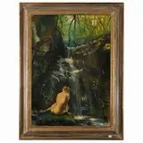 Romano Stefanelli, Nude within a landscape with a waterfall, oil on faesite signed