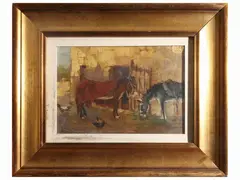 Barnyard mouse with donkeys and chickens by Giuseppe Comparini, oil on cardboard, offered May 2023