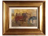 Giuseppe Comparini, Barnyard mouse with donkeys and chickens, oil on cardboard