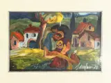 Beppe Serafini, Characters in a landscape 1978, mixed media on velvet fabric