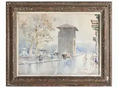 Giulio Falzoni, Glimpse of the Florentine street with figures, watercolor on paper