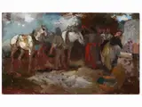 Alfredo Del Sordo, Fountain figures with horses, oil on hardboard