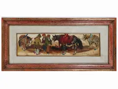Characters and horses by Basso Ragni, oil on chipboard panel, offered May 2023