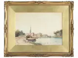 John Teasdale, Glimpse of the village with the 1889 bridge, watercolor on paper laid down on board