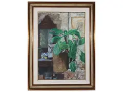 Glimpse of the interior with a 1969 plan by Enzo Faraoni, oil on canvas board, offered May 2023