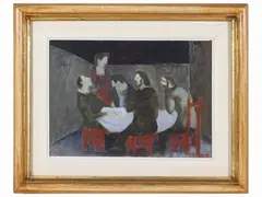 Characters in an interior by Renzo Grazzini, oil on panel, offered May 2023
