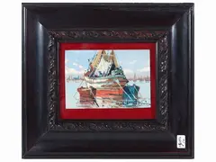 Marina - Terrace Magnagni by Renzo Martini, two oil paintings on hardboard, offered May 2023
