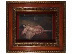 Woman lying down by Cipriano Mannucci, oil on panel, offered May 2023