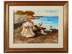Tuscan Marina with characters by Basso Ragni, oil on masonite, offered May 2023