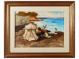 Basso Ragni, Tuscan Marina with characters, oil on masonite
