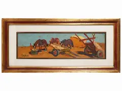 Country view with horses by Basso Ragni, oil on chipboard panel, offered May 2023
