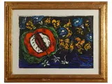 Carlo Hollesch, Baroque nature pumpkin and dark blue bluebells 1970, oil on canvas