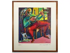 Arlecchino, Peppe Nappa, Pantalone de' bisognosi, Coviello by Arsenio, collection of four oil paintings on paper, offered Apr 2023