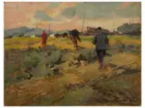 Countryside landscape with peasants by Carlo Domenici, oil on tablet, offered Mar 2023