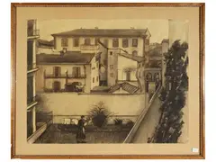 Courtyard with woman hanging out clothes, circa 1936-1937 by Fillide Levasti, charcoal and brown pencil on paper, offered Feb 2023